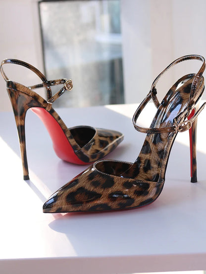 Red background leopard print high-heeled sandals with a straight buckle
 pointed toe  and sexy big size 12CM