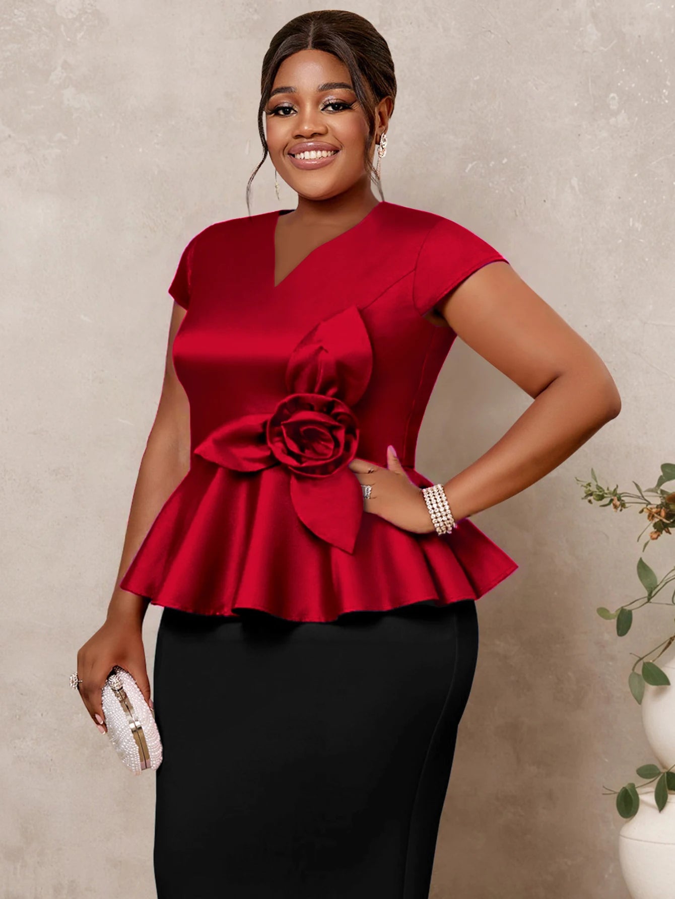 Plus Size Women Shiny Blouse  V Neck Peplum 3D Flower  Pullover Wedding Guest Curve Ladies African