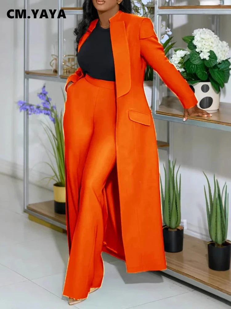 Women's Set Full Sleeve X-Long Blazer Coat+ Long Pant Suit