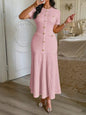 Yellow Textured Knit Midi Dress with Front Buttons and Faux Pockets