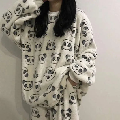 Coral Velvet Pajamas for Women Men Winter Thickened Plush Long Sleeve Hooded Bath Robe with Trousers