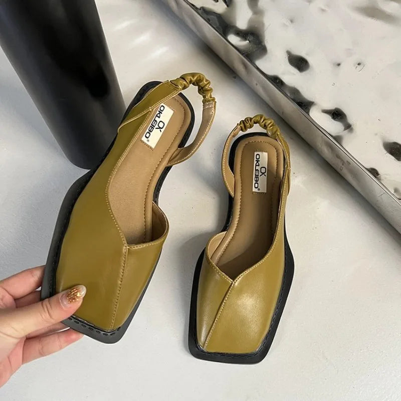 Square Toe Summer Elegant Ladies Sandals  Ladies Elastic Band Flat Heel Women Square Heel