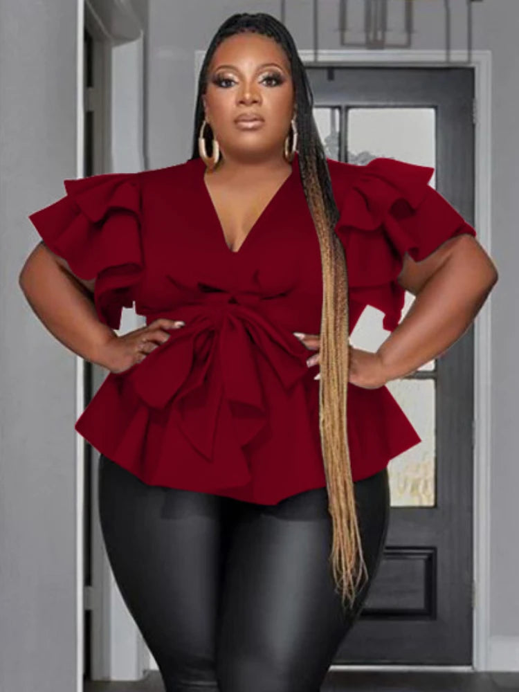 Women Plus Size Tops Elegant Deep V Neck Ruffles Shirts