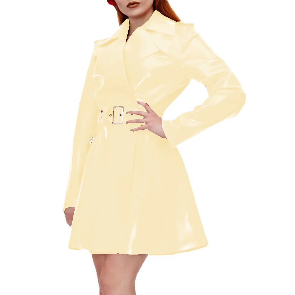 Women's Shiny PVC Leather Belted Trench Coat, Turn-down Collar Coats, Large Size, Latex Look Jackets