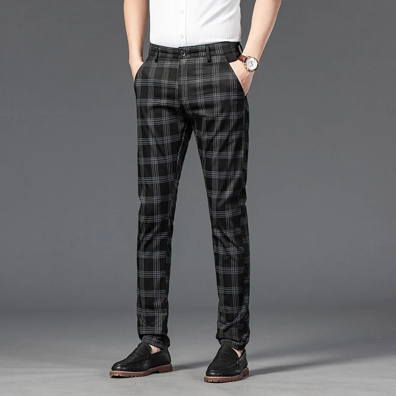 High Quality Plaid Pants Men Classic Business Casual Full Length