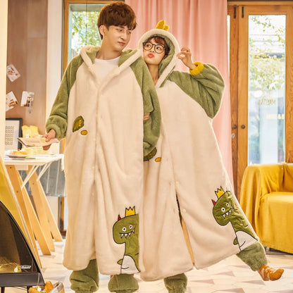 Coral Velvet Pajamas for Women Men Winter Thickened Plush Long Sleeve Hooded Bath Robe with Trousers