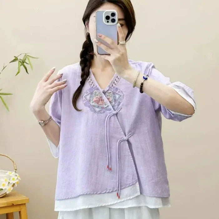Casual Loose Blouse Shirt Women  Vintage Embroidery Woman Shirt