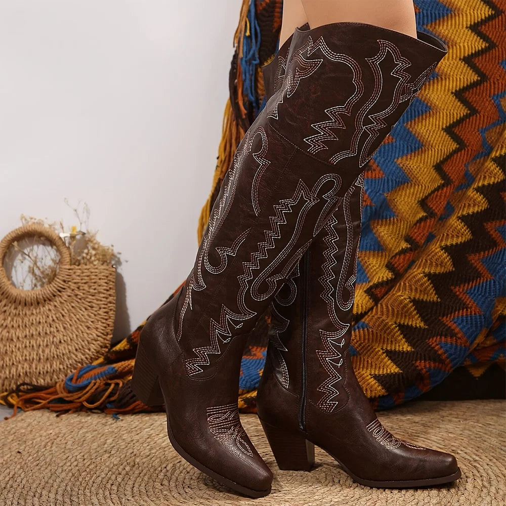 Vintage Western Cowboy Boots For Womens Fashion Embroidered Pointed Toe