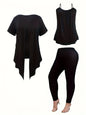 Women's Plus Size Solid Color Casual 3-Piece Set - Wavy Short Sleeve Jacket, Tank Top, and Leggings