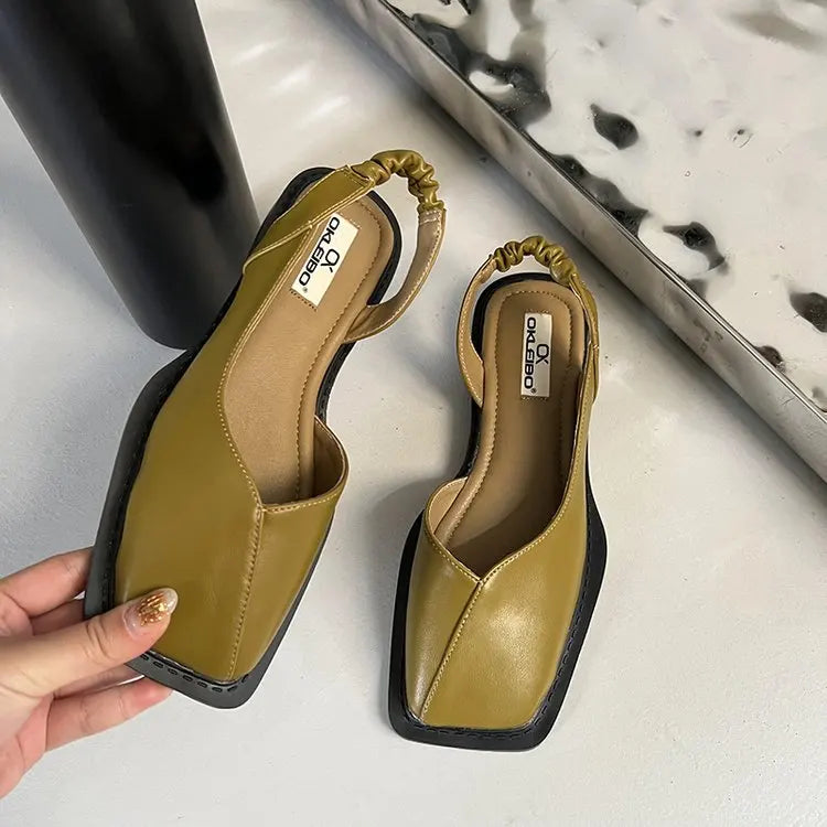 Square Toe Summer Elegant Ladies Sandals  Ladies Elastic Band Flat Heel Women Square Heel