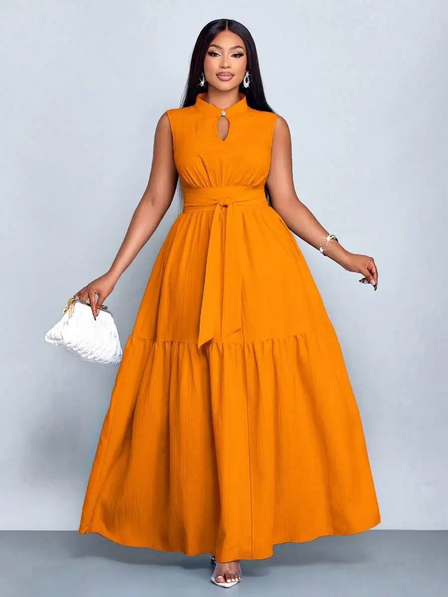 Plus Size Orange Stand Collar Sleeveless Cinched Waist Tiered Maxi Dress Casual Wear