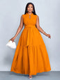Plus Size Orange Stand Collar Sleeveless Cinched Waist Tiered Maxi Dress Casual Wear
