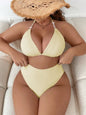 Plus Size Women 2 Piece Solid Color Ribbed Halter Neck Bikini Set For Beach Vacation