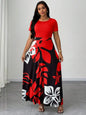 Plus Size Women Botanical Print Round Neck Short Sleeve Maxi Dress