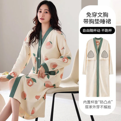 Spring and Autumn Women Nightdress With Chest Pad Femme Cotton Nightwear