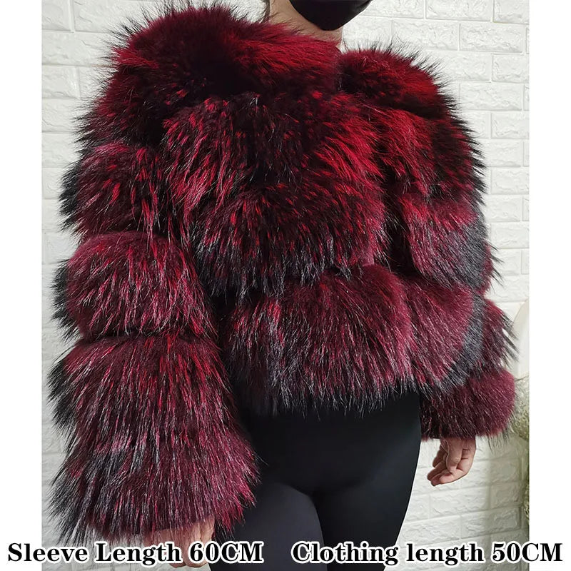 Real Fur Coat Women Natural Raccoon Fur Jacket  Long Sleeve With Hat