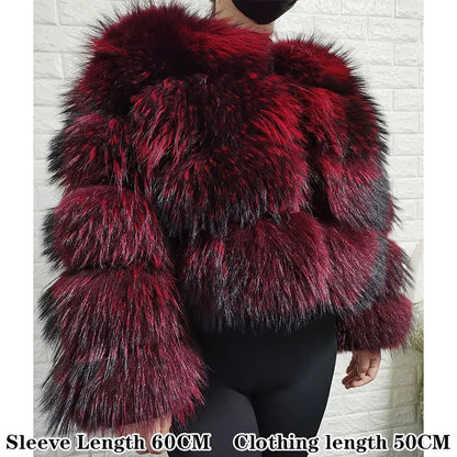 Real Fur Coat Women Natural Raccoon Fur Jacket  Long Sleeve With Hat