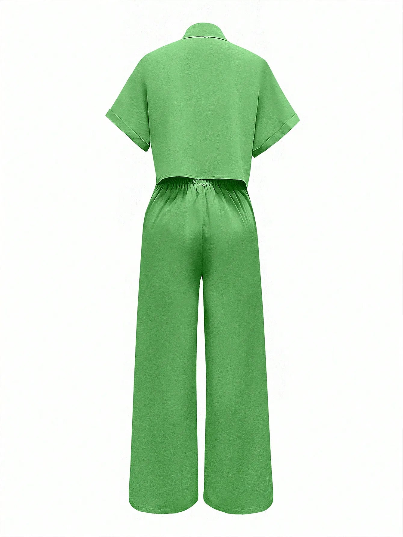 Women Green 2-Piece Short Sleeve Set Button-Up Top and Wide Leg Pants