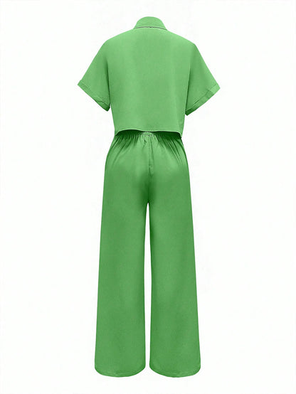 Women Green 2-Piece Short Sleeve Set Button-Up Top and Wide Leg Pants