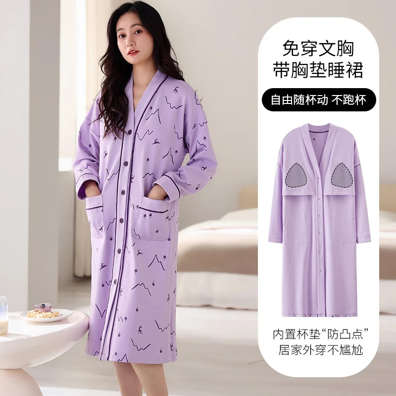 Spring and Autumn Women Nightdress With Chest Pad Femme Cotton Nightwear