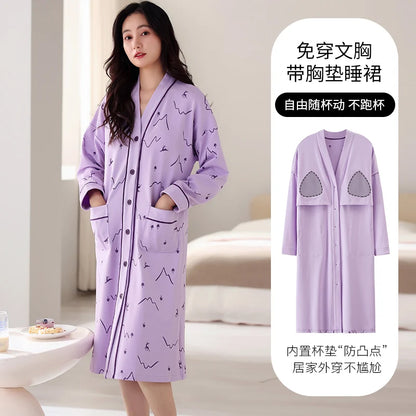 Spring and Autumn Women Nightdress With Chest Pad Femme Cotton Nightwear
