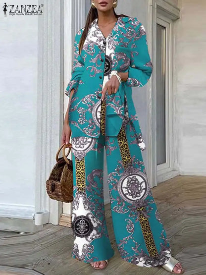 Casual Loose Vintage Printing 2pcs Pantsuits Side Slit Long Shirt