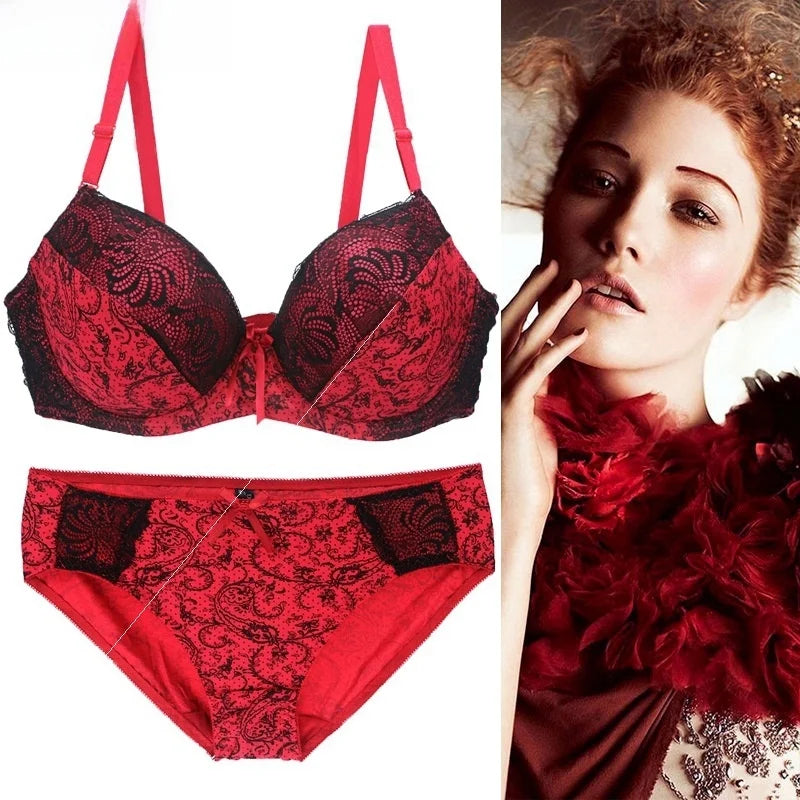 plus Size Bra Set  Full Cup Wireless Push up Bra And Briefs Combo Floral Print Fabric Breathable