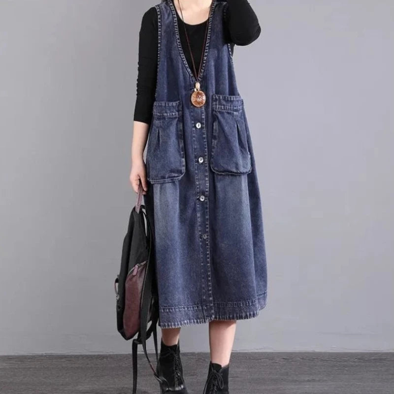 Women's Mid Length Loose Fit  Denim Vest with Hood Large Pockets