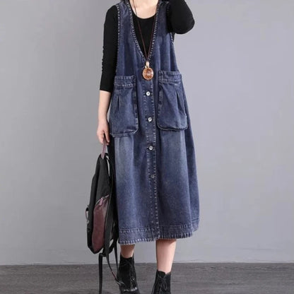 Women's Mid Length Loose Fit  Denim Vest with Hood Large Pockets