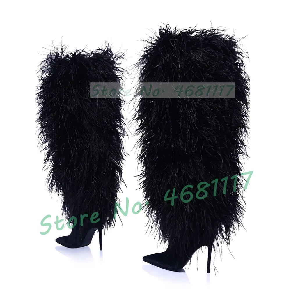 Women Fluffy Real Ostrich Feather Knee High Boots Women