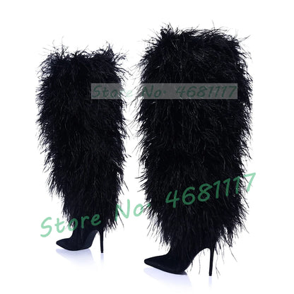 Women Fluffy Real Ostrich Feather Knee High Boots Women