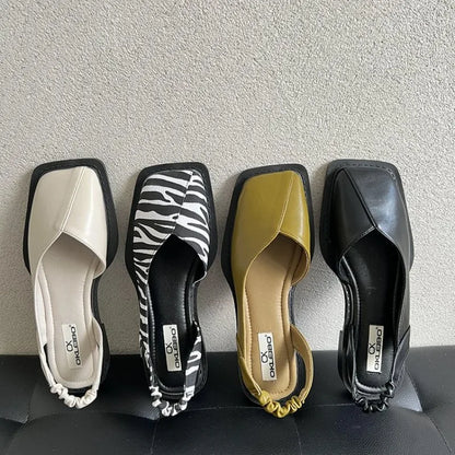 Square Toe Summer Elegant Ladies Sandals  Ladies Elastic Band Flat Heel Women Square Heel