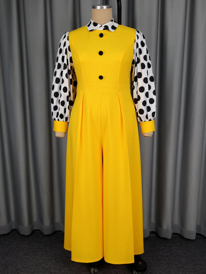 Stylish Polka Dot Long Sleeve Jumpsuit 
 Wide Leg Plus Size Rompers  Elegant Spring Summer Office Party Outfits