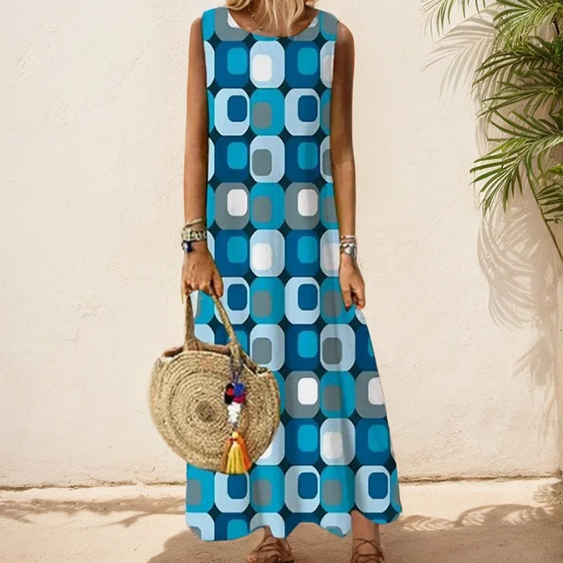 Elegant Printed O-Neck Sleeveless Women Dress  Loose Casual Beach Long Dresses Ladies Boho Maxi Dress