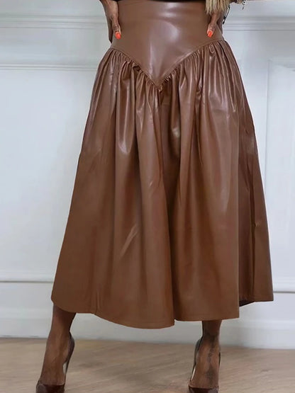 Women Plus Size High Waist Flared Leather Skirt