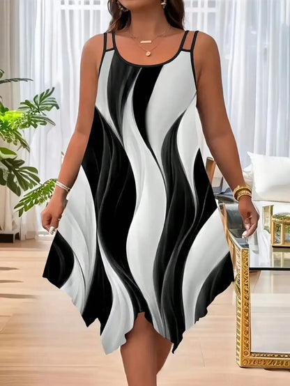 Plus Size Women Casual Striped Print Asymmetric Hem Sleeveless Dress Summer Elegant