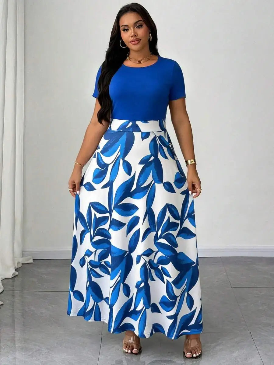 Plus Size Women Botanical Print Round Neck Short Sleeve Maxi Dress
