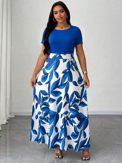 Plus Size Women Botanical Print Round Neck Short Sleeve Maxi Dress