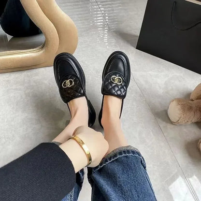 Black Chunky Heel Loafer Shoes  Women Autumn Thick Sole Slip-on Leather Shoes
