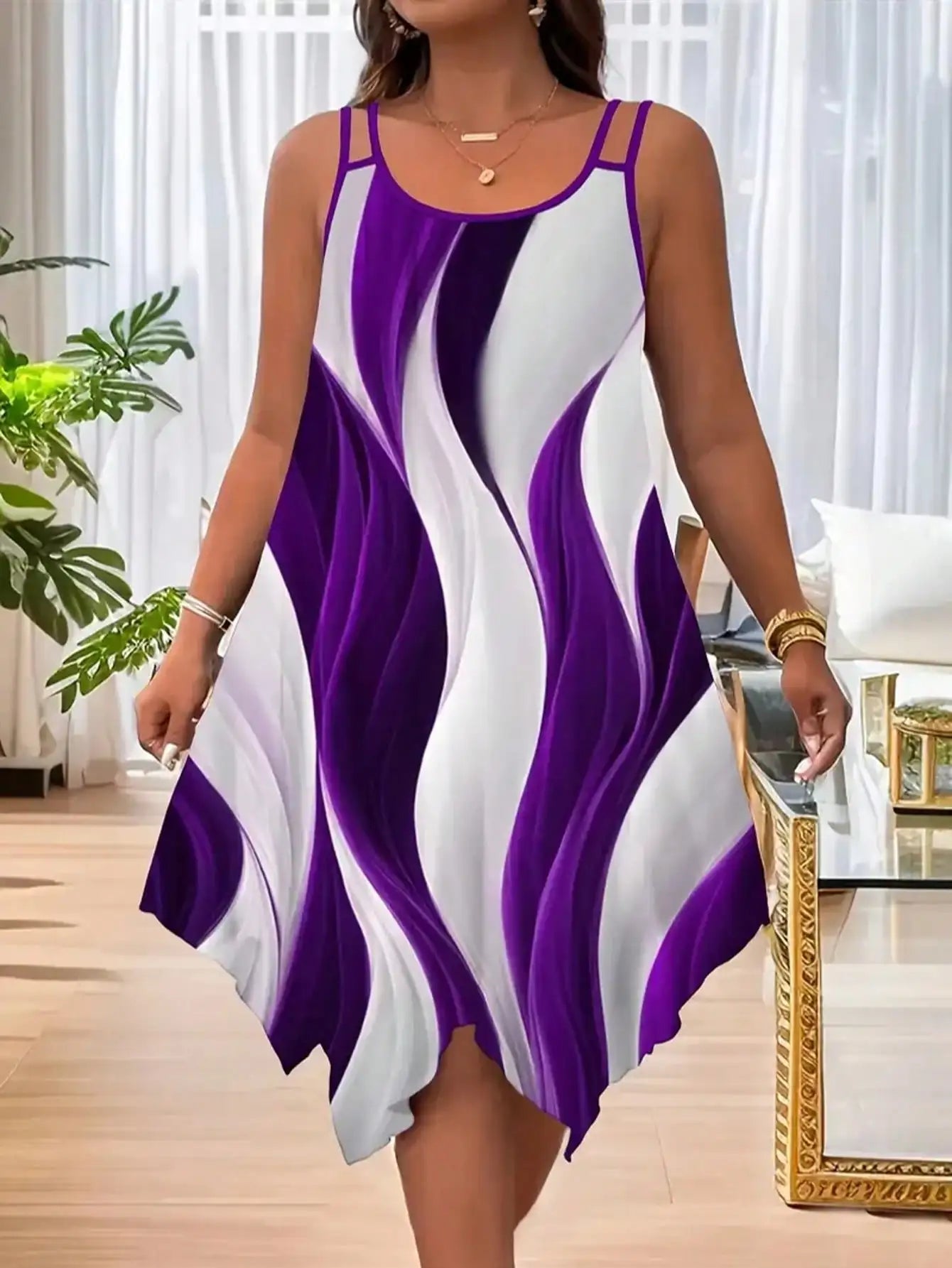Plus Size Women Casual Striped Print Asymmetric Hem Sleeveless Dress Summer Elegant