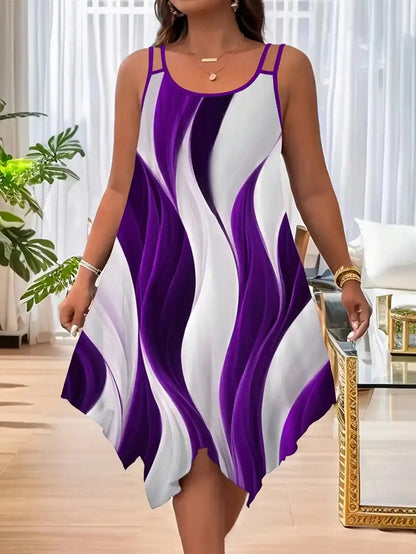 Plus Size Women Casual Striped Print Asymmetric Hem Sleeveless Dress Summer Elegant