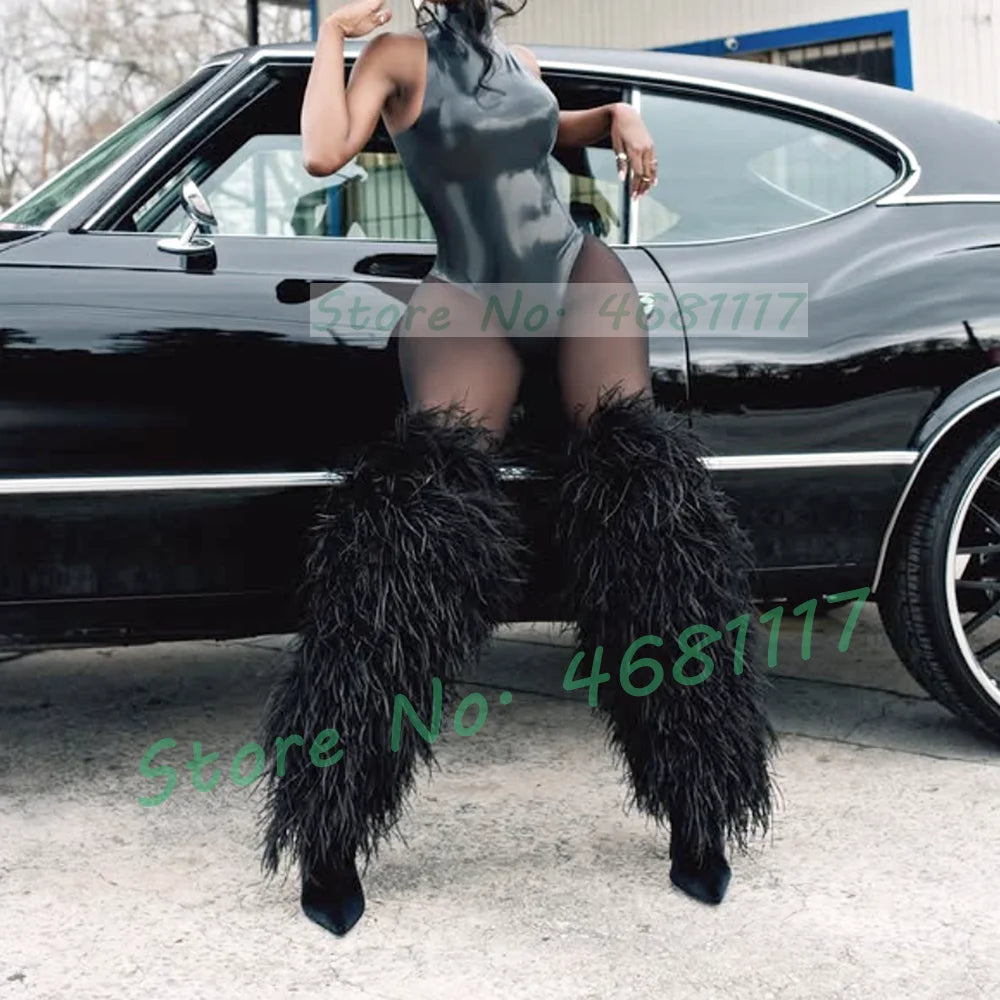 Women Fluffy Real Ostrich Feather Knee High Boots Women
