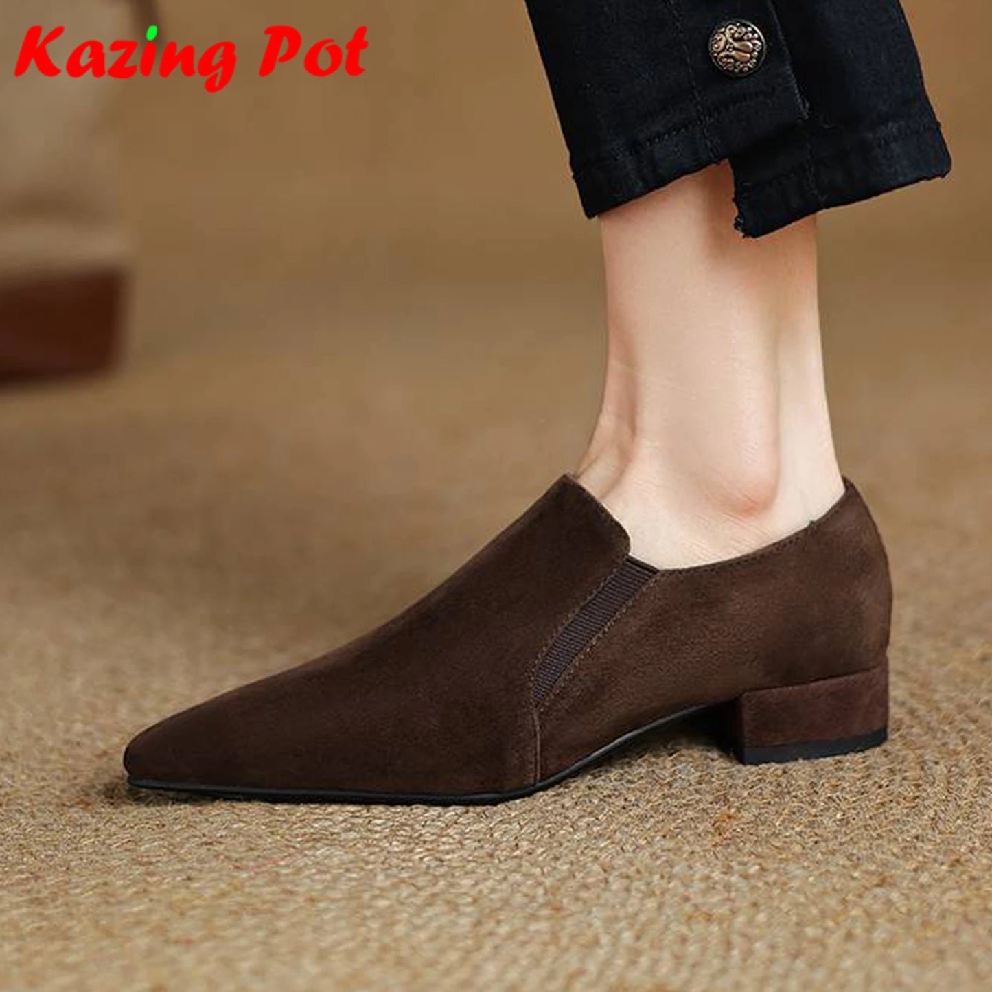 Krazing Pot Sheep Suede  Spring Shoes Thick Heels Oxford Shoes Pointed Toe
