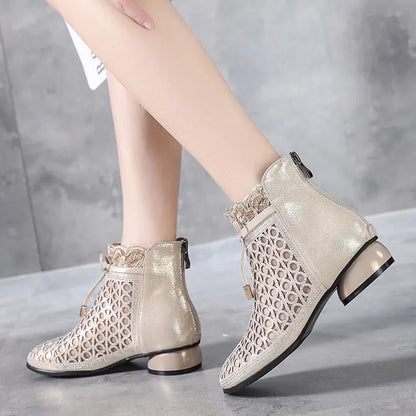 Spring Summer Ankle Boots Rhinestones Sandals Mesh Boots Hollow Women's Shoes Genuine Leather