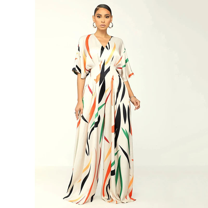 Women Spring / Autumn Half Sleeve Print V-neck High Waist Fashion  Jumpsuit