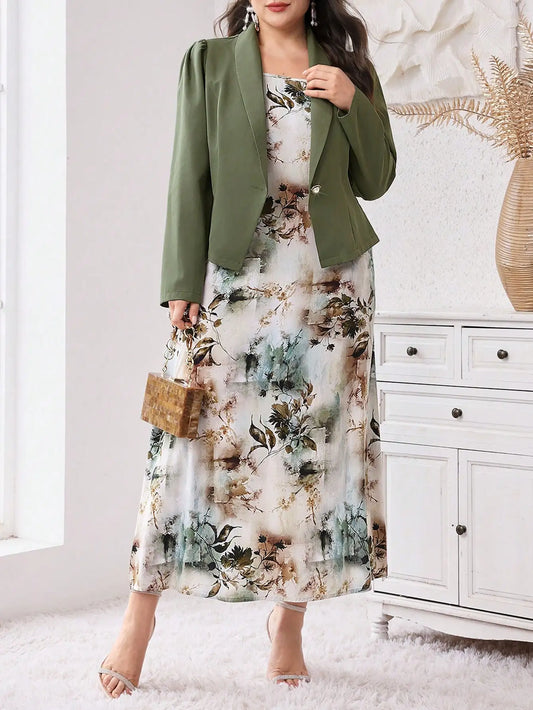 Plus Size Women's Autumn Green Puff Sleeve Blazer & Floral Slip Dress Set