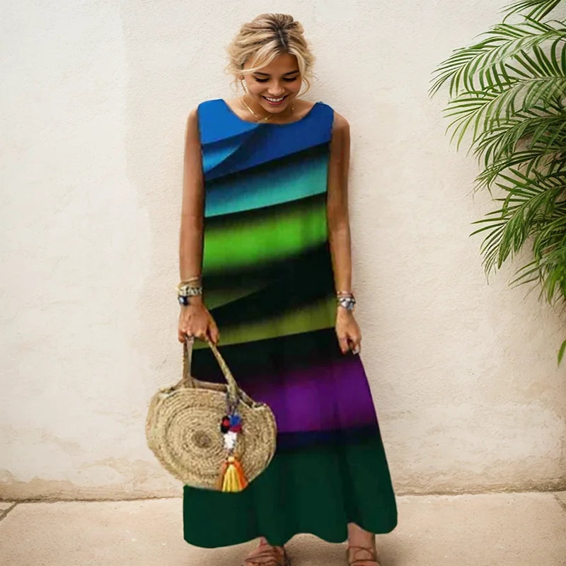 Elegant Printed O-Neck Sleeveless Women Dress  Loose Casual Beach Long Dresses Ladies Boho Maxi Dress