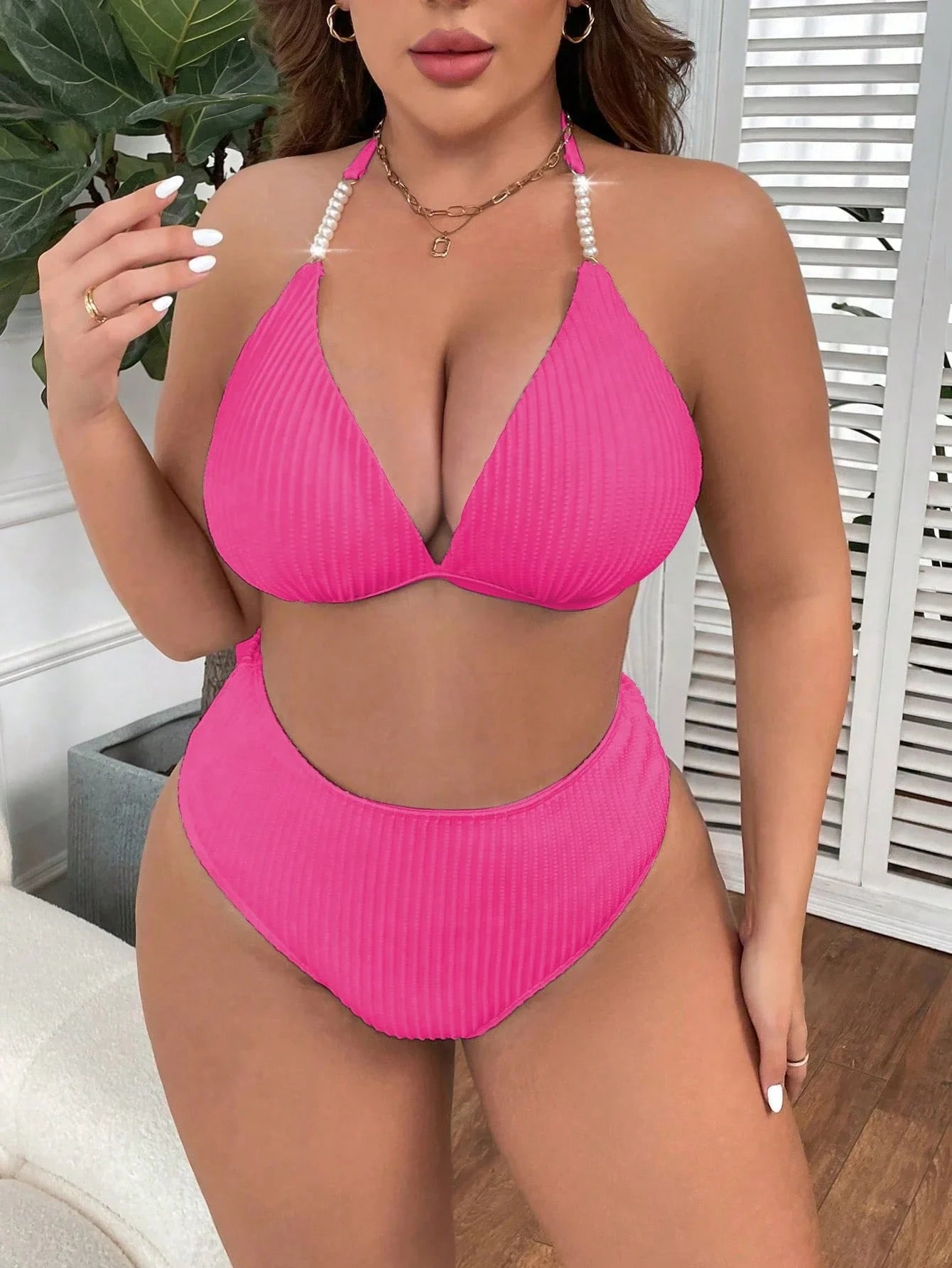 Plus Size Women 2 Piece Solid Color Ribbed Halter Neck Bikini Set For Beach Vacation