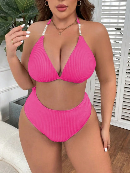 Plus Size Women 2 Piece Solid Color Ribbed Halter Neck Bikini Set For Beach Vacation