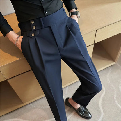 British Style Pants Men High Waist Belt Design